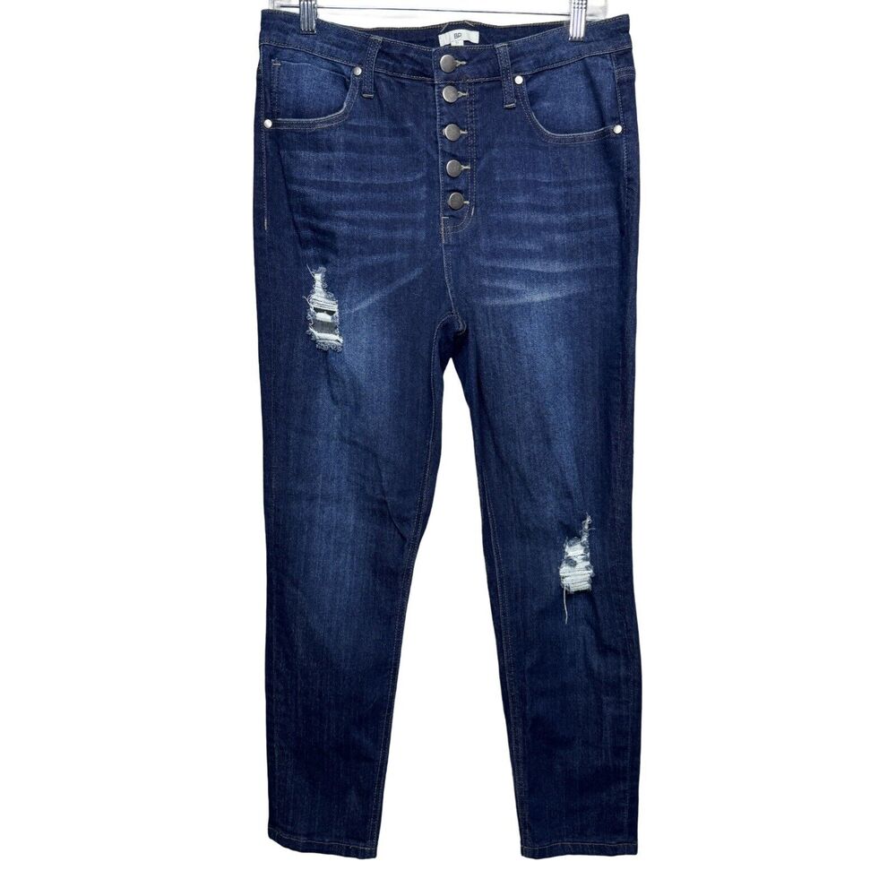 BP Jeans Women 12 31" Blue High Rise Exposed Button Fly Fading Whiskering Grunge